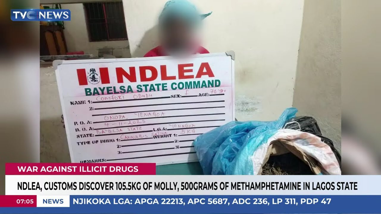 International drug bust at Lagos port with seized cocaine and NDLEA, US, and UK agents.